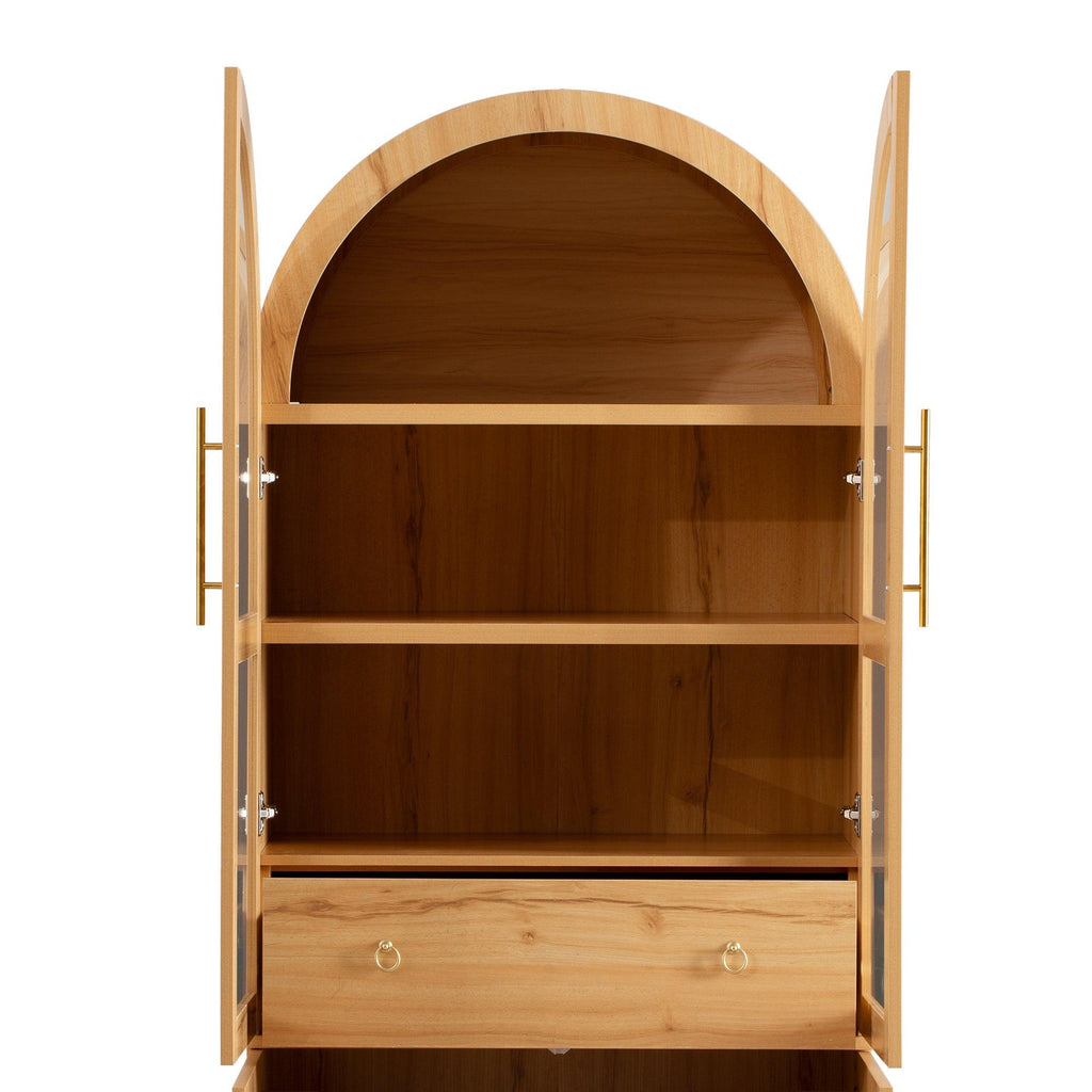 Interior view of arched kitchen pantry cabinet with two adjustable shelves and central drawer for versatile kitchen organization.