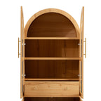 Interior view of arched kitchen pantry cabinet with two adjustable shelves and central drawer for versatile kitchen organization.