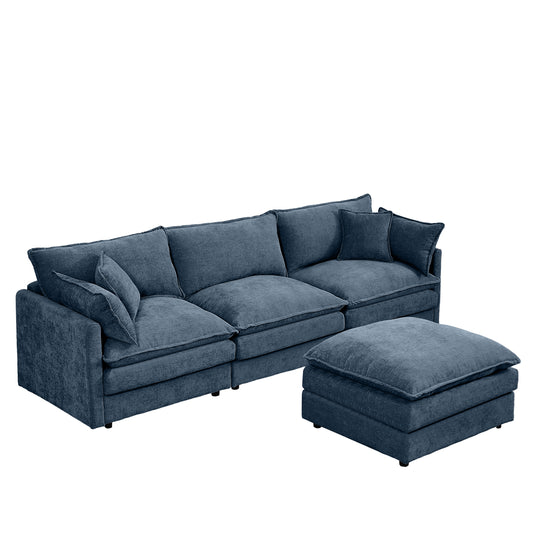 Modern Modular Sectional Sofa, 102 Inch L-Shaped Couch with Movable Ottoman, Blue Chenille Upholstery