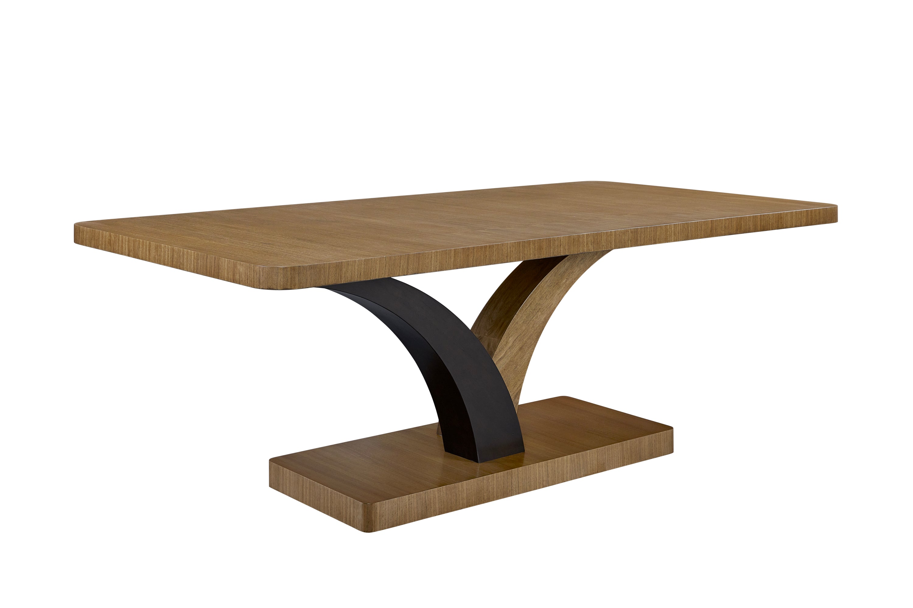 Side angle of Pedestal Table Eucalyptus featuring a dual-arc base in contrasting tones and a smooth rectangular top for dining or decor.