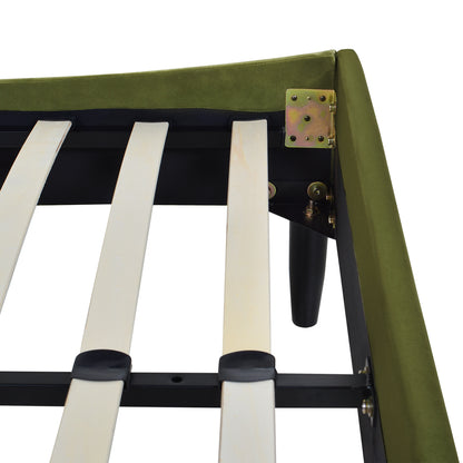 Corner detail of Aspen Olive Green Velvet King Bed Set showing slat and frame connection with metal brackets and velvet upholstery.