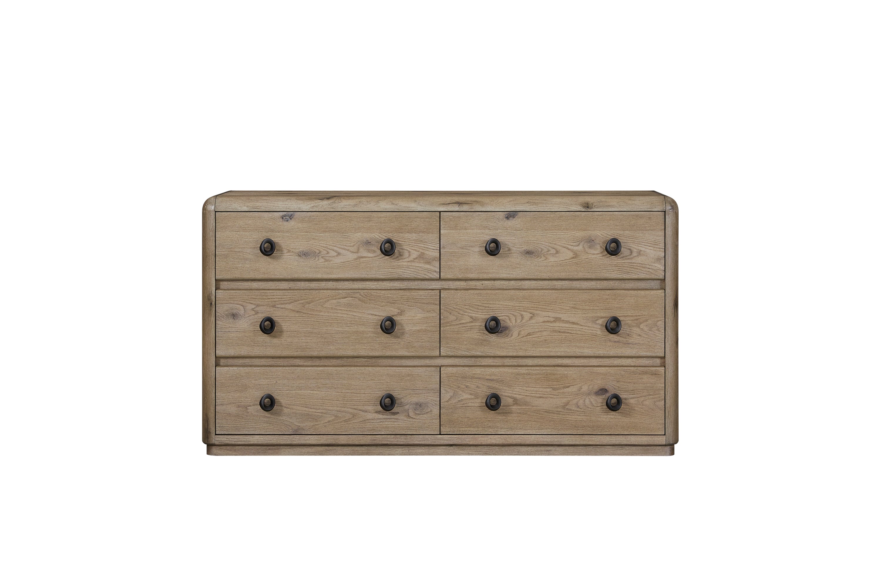 English Knotty Oak Dresser with six cedar-lined drawers and black metal knobs, crafted from solid wood and MDF for durability.
