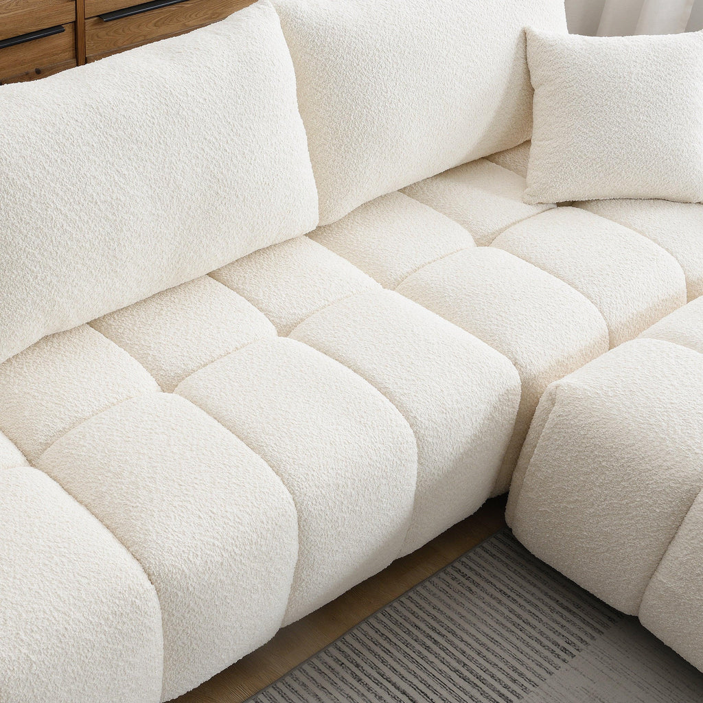 Modular Sectional Sofa with Movable Ottoman & Boucle Fabric.