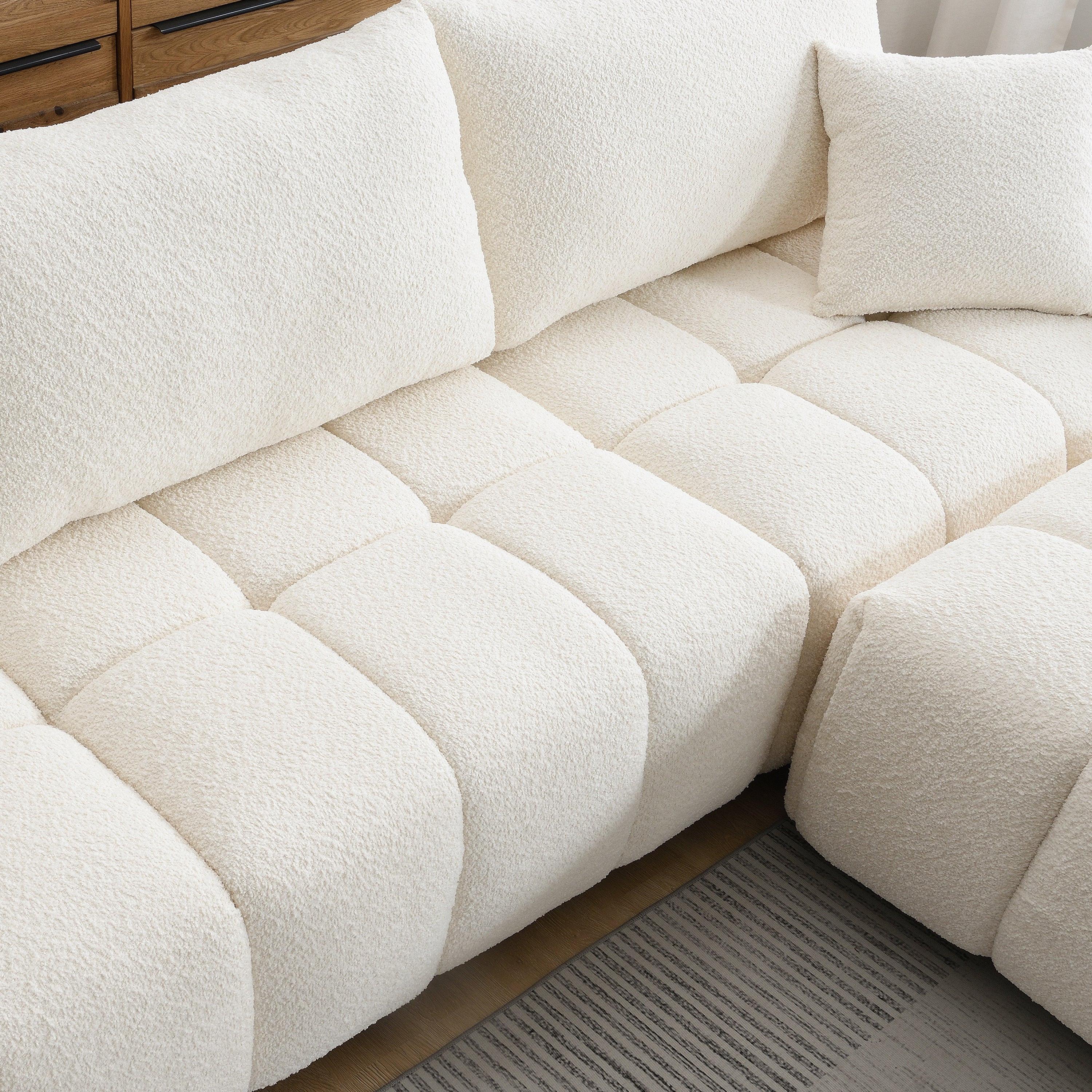 Modular Sectional Sofa with Movable Ottoman & Boucle Fabric.