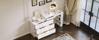 Top-down view of vanity desk with mirror and lights, flip-top open with cosmetics neatly arranged in storage sections.