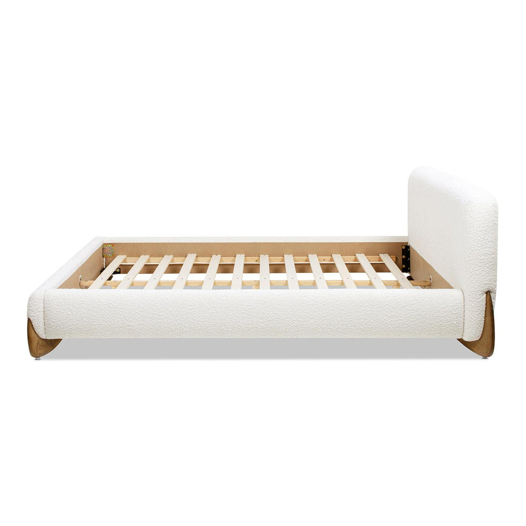 Alpine Platform Bed Queen in Ivory White Boucle.