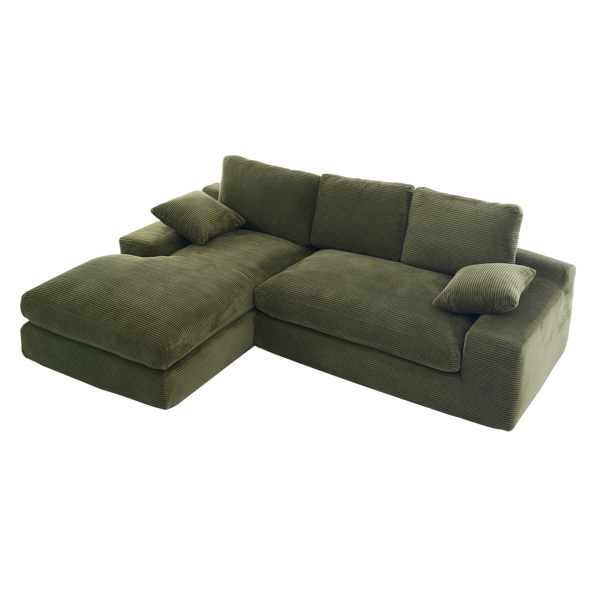 Top view of green corduroy sofa with chaise, cushions, and pillows, showcasing its soft texture and spacious seating area.