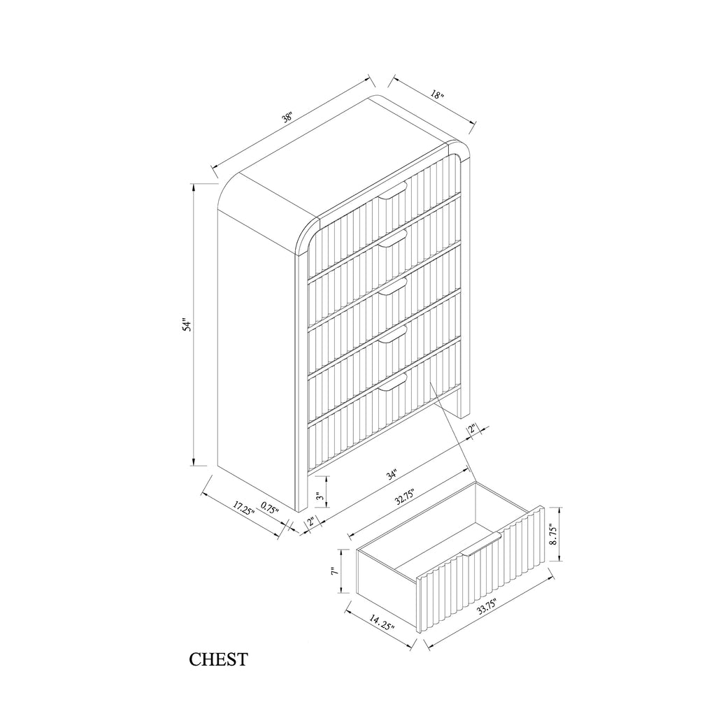 Beverly White and Black Chest with Fluted Finish, LED Lighting, Spacious Drawers, Edge Pulls, Rubber Wood, 38 x 18 x 54 inches