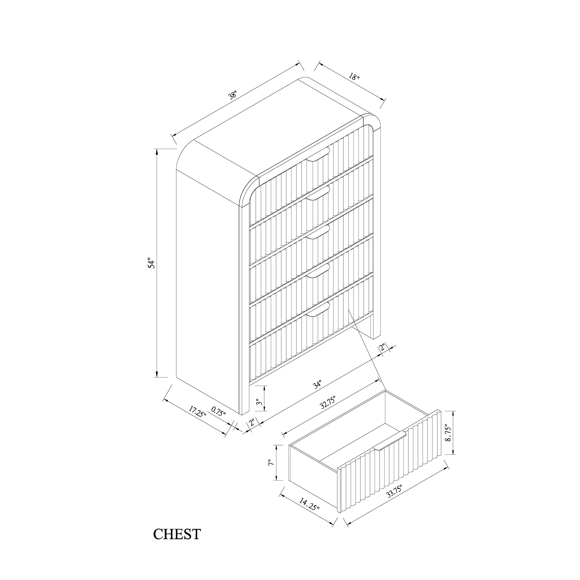 Beverly White and Black Chest with Fluted Finish, LED Lighting, Spacious Drawers, Edge Pulls, Rubber Wood, 38 x 18 x 54 inches