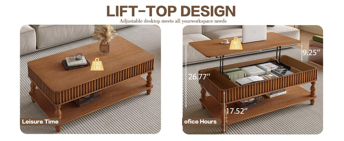 Vintage Brown Lift Top Coffee Table with Storage.