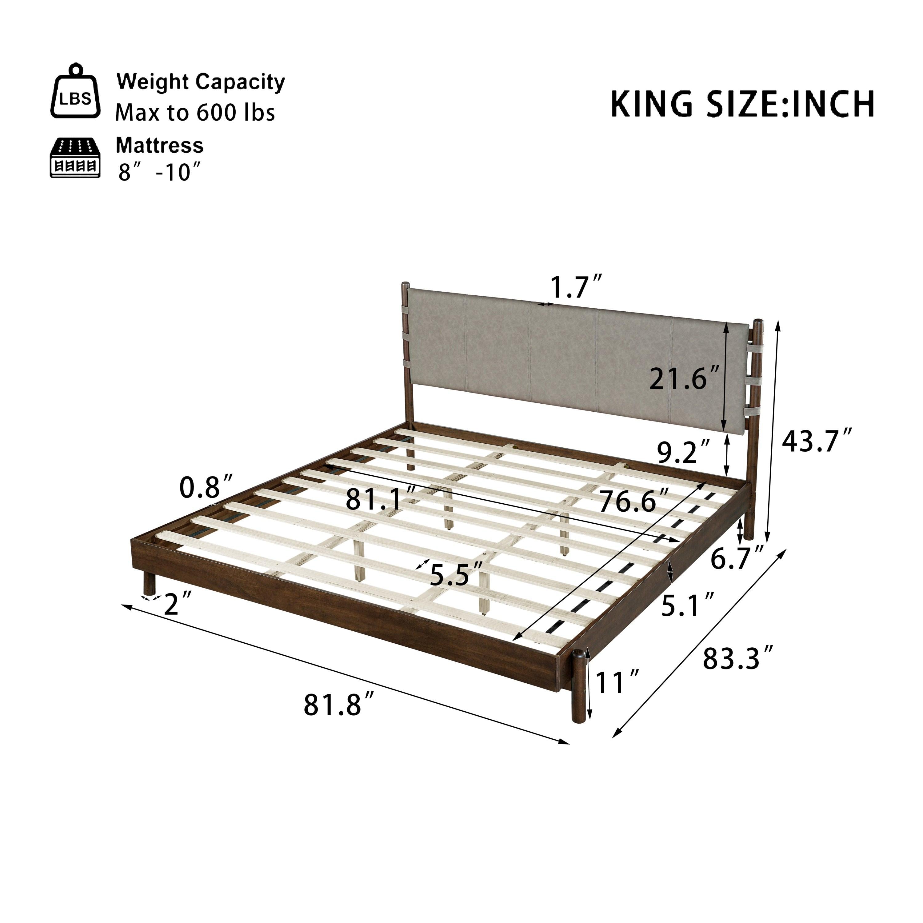 King Bed Frame with Headboard - Rubber Wood Platform Design.