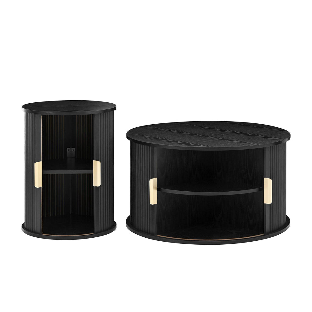 [Assembly Video] Mid-Century Coffee Table Set with Sliding Tambour Door, Round Fluted End Table With Storage, Golden Handle Tall & Low Side Table with Wooden Finish for Living Room, Set of Two, Black.