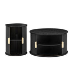 [Assembly Video] Mid-Century Coffee Table Set with Sliding Tambour Door, Round Fluted End Table With Storage, Golden Handle Tall & Low Side Table with Wooden Finish for Living Room, Set of Two, Black.