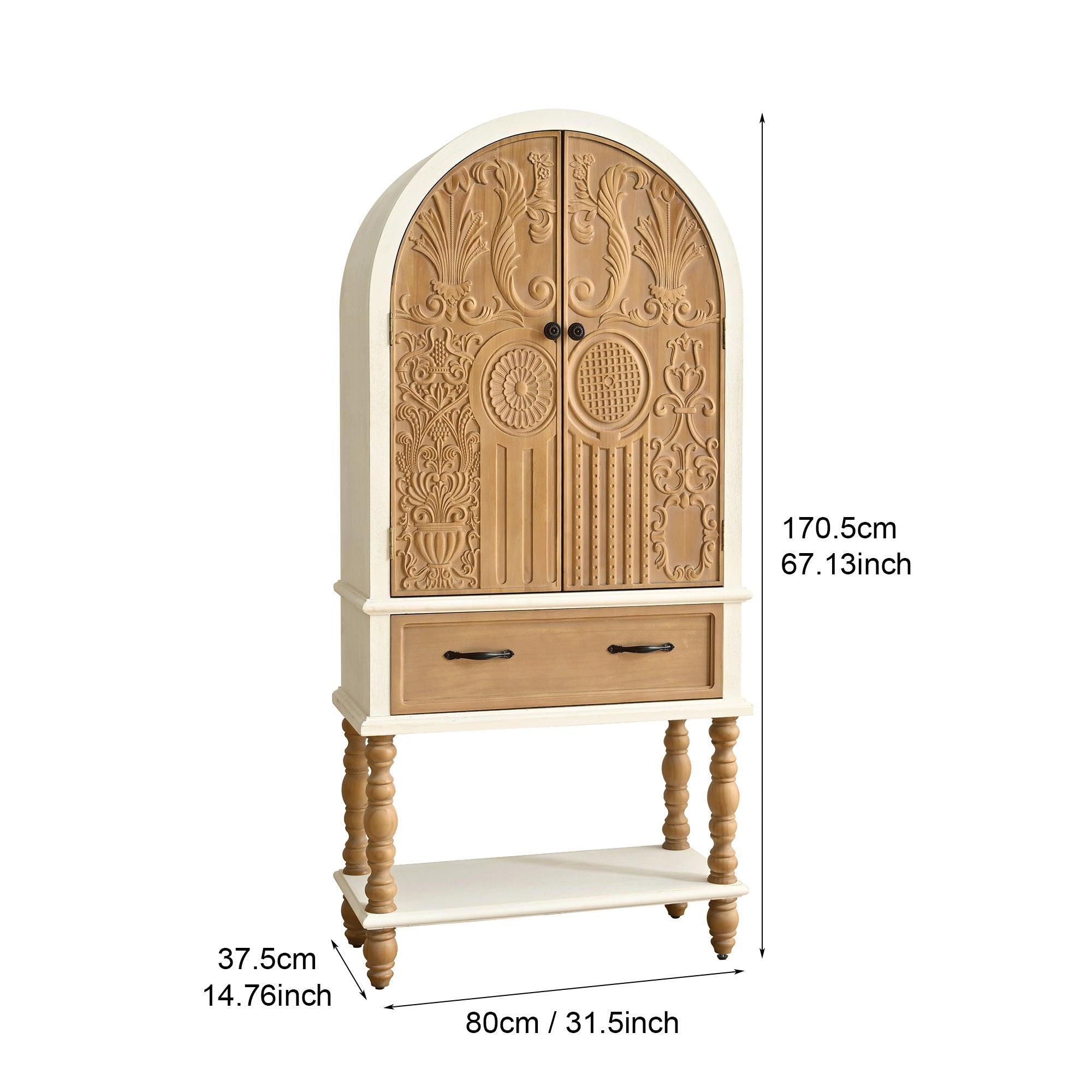 Arched Flower Carved Door Cabinet - Elegant Wooden Sideboard.