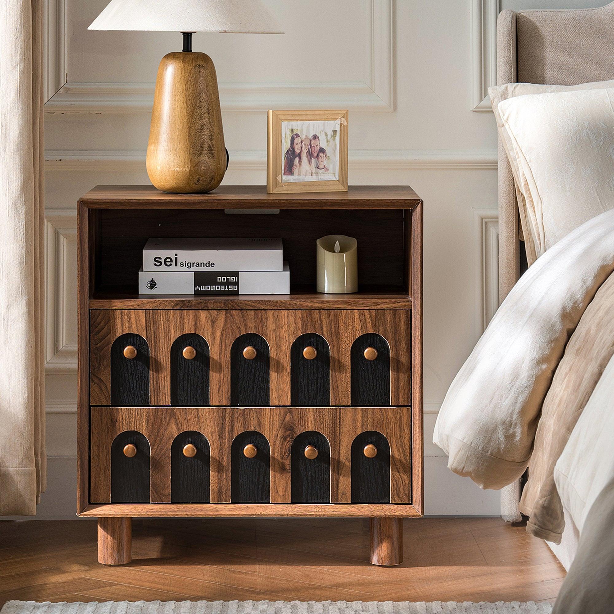 Modern Nightstand with Charging Station & Storage Drawers.