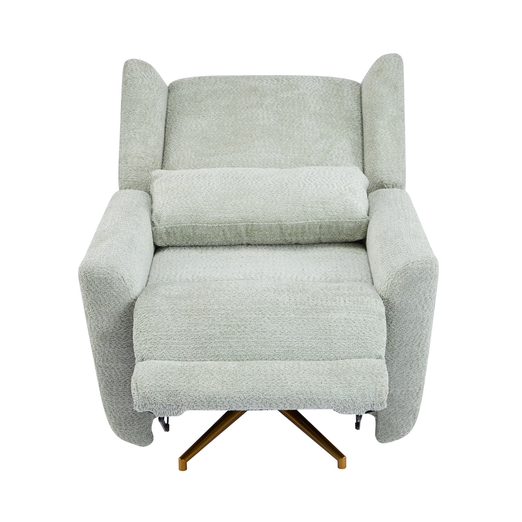 Front view of fully reclined swivel chair with boucle fabric and gold base, emphasizing extended footrest and plush support.