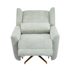Front view of fully reclined swivel chair with boucle fabric and gold base, emphasizing extended footrest and plush support.