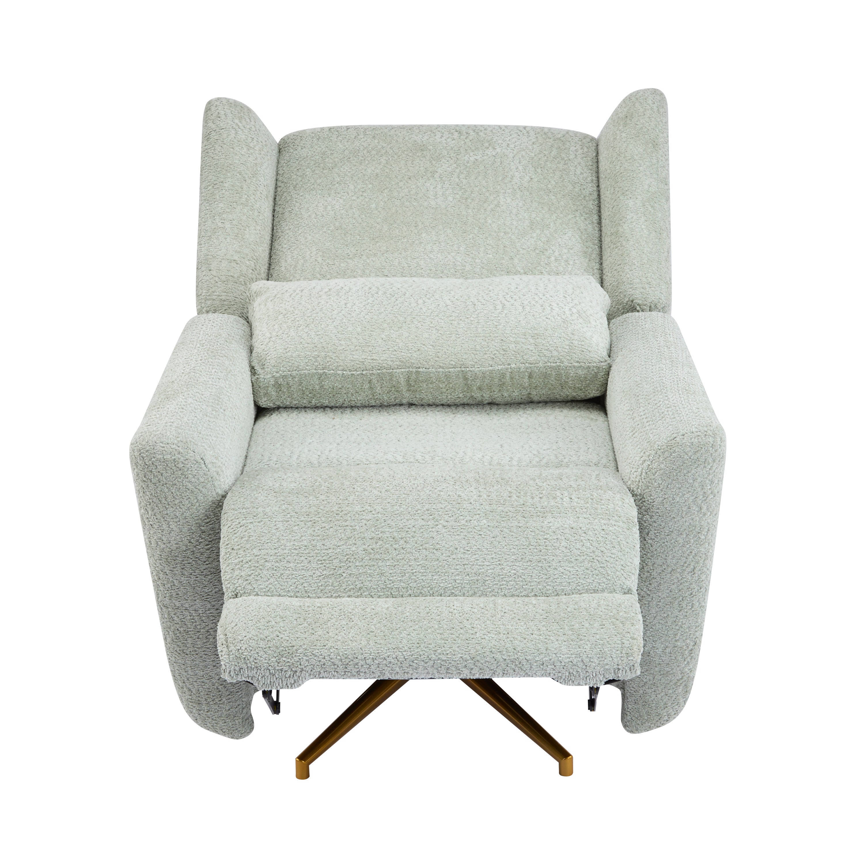 Front view of fully reclined swivel chair with boucle fabric and gold base, emphasizing extended footrest and plush support.