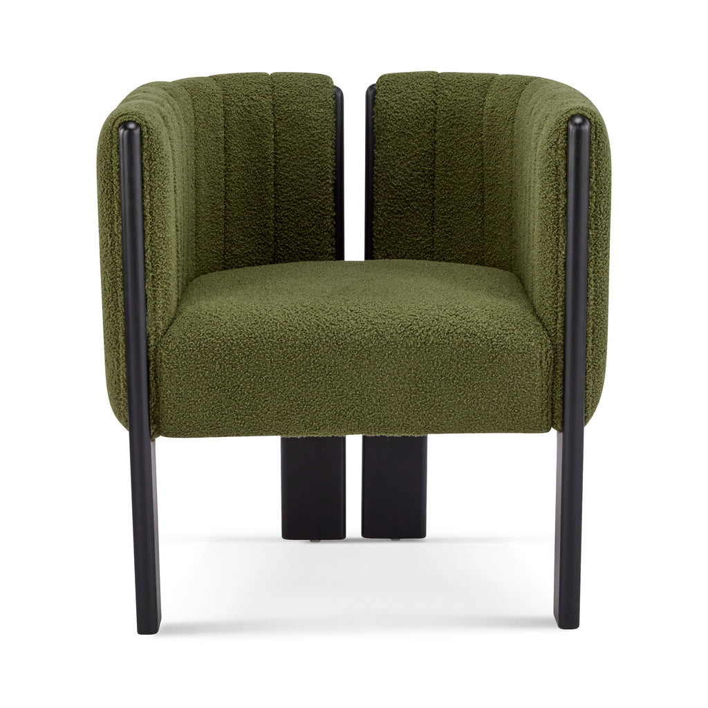 Front view of a modern dining chair with olive green boucle fabric and black wood legs, offering a cozy and supportive seating option.