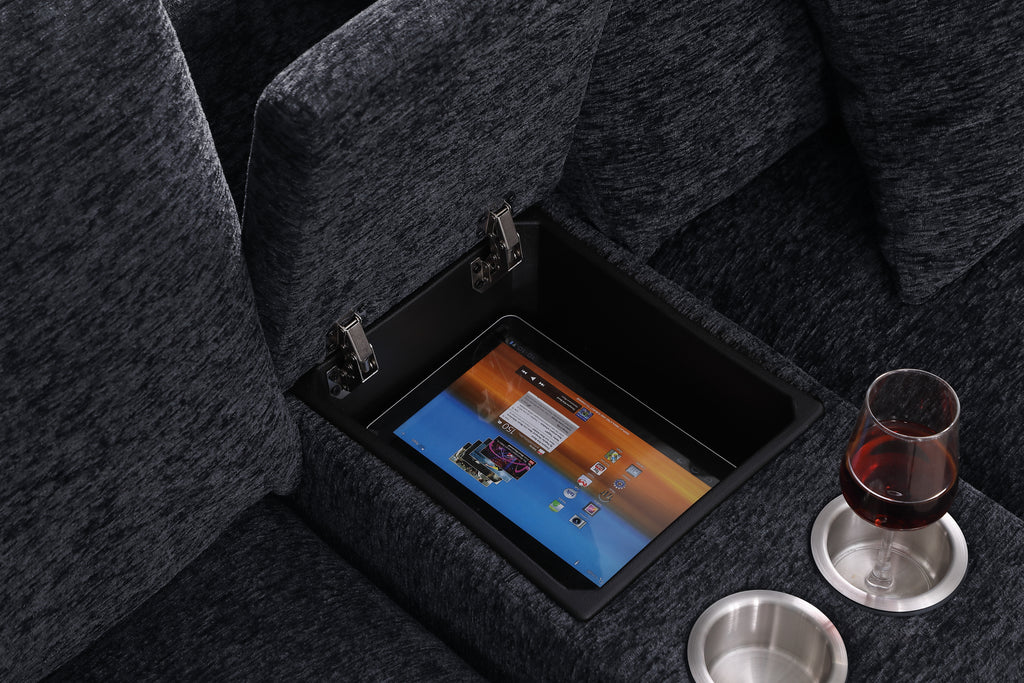 Hidden storage compartment in Celine sectional sofa with tablet and cupholders. Dark gray fabric with modern functionality.