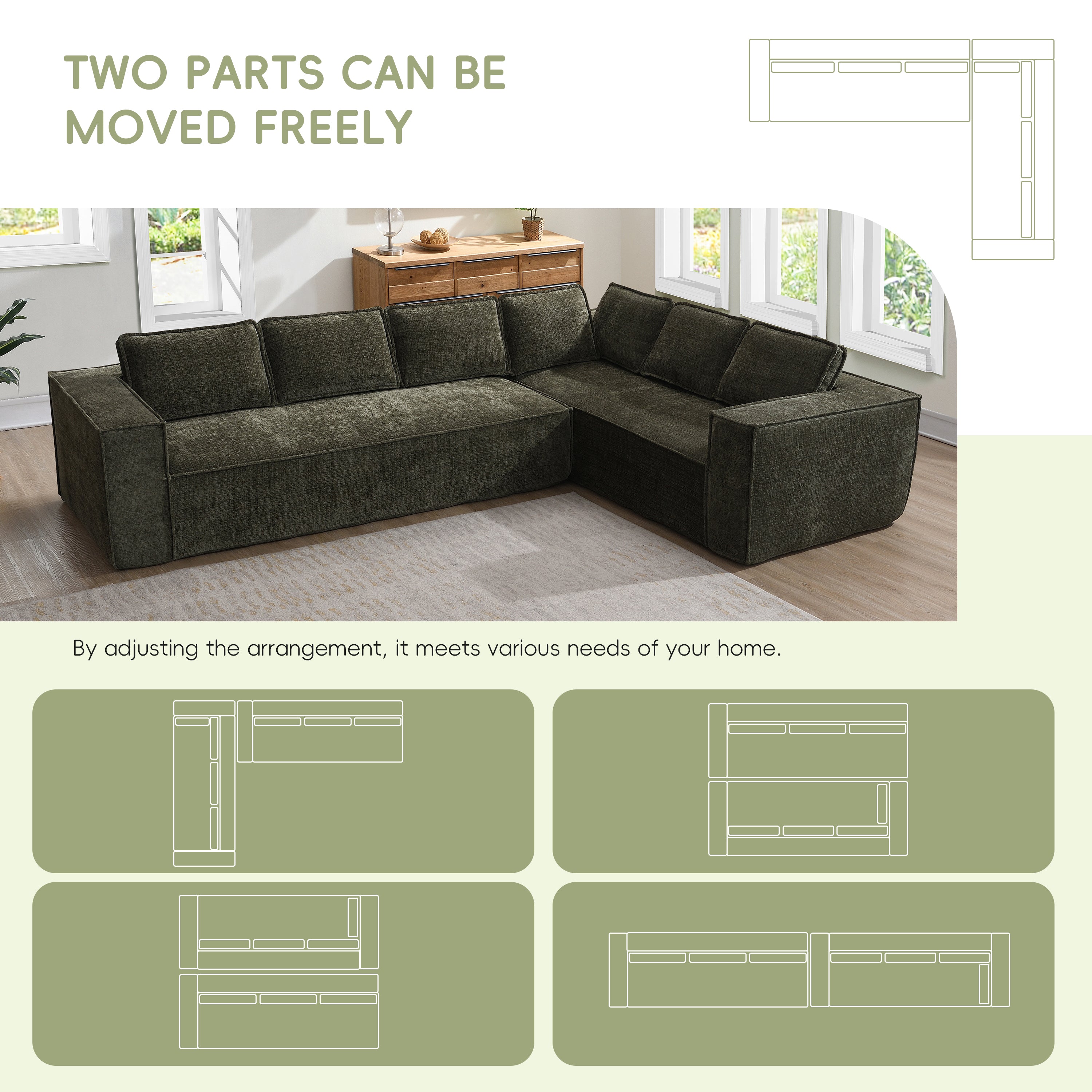 Modular sectional sofa with two movable parts, offering flexible configurations to suit various room layouts and seating needs.