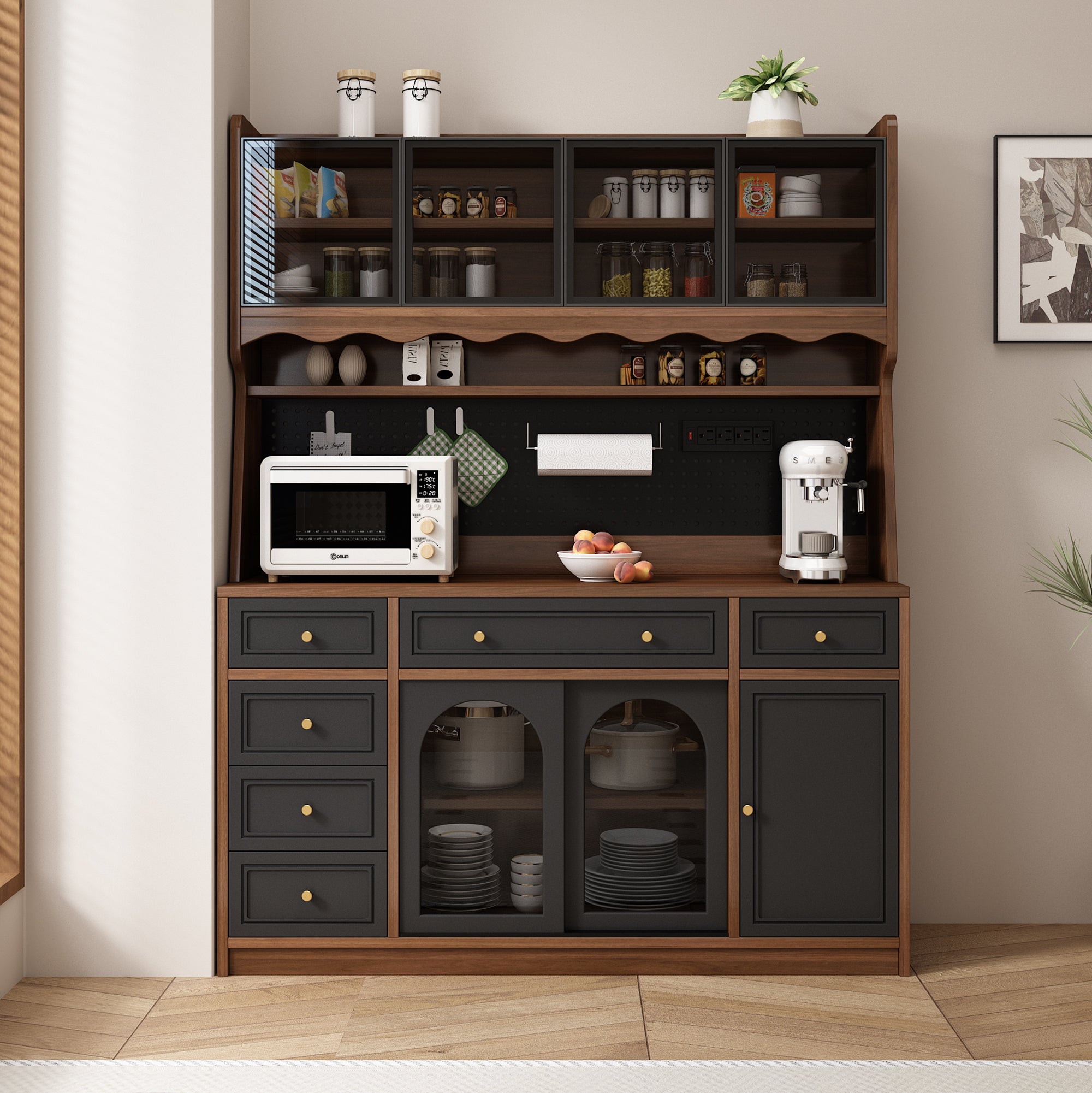 63-Inch Brown and Black Buffet Storage Cabinet with Hutch