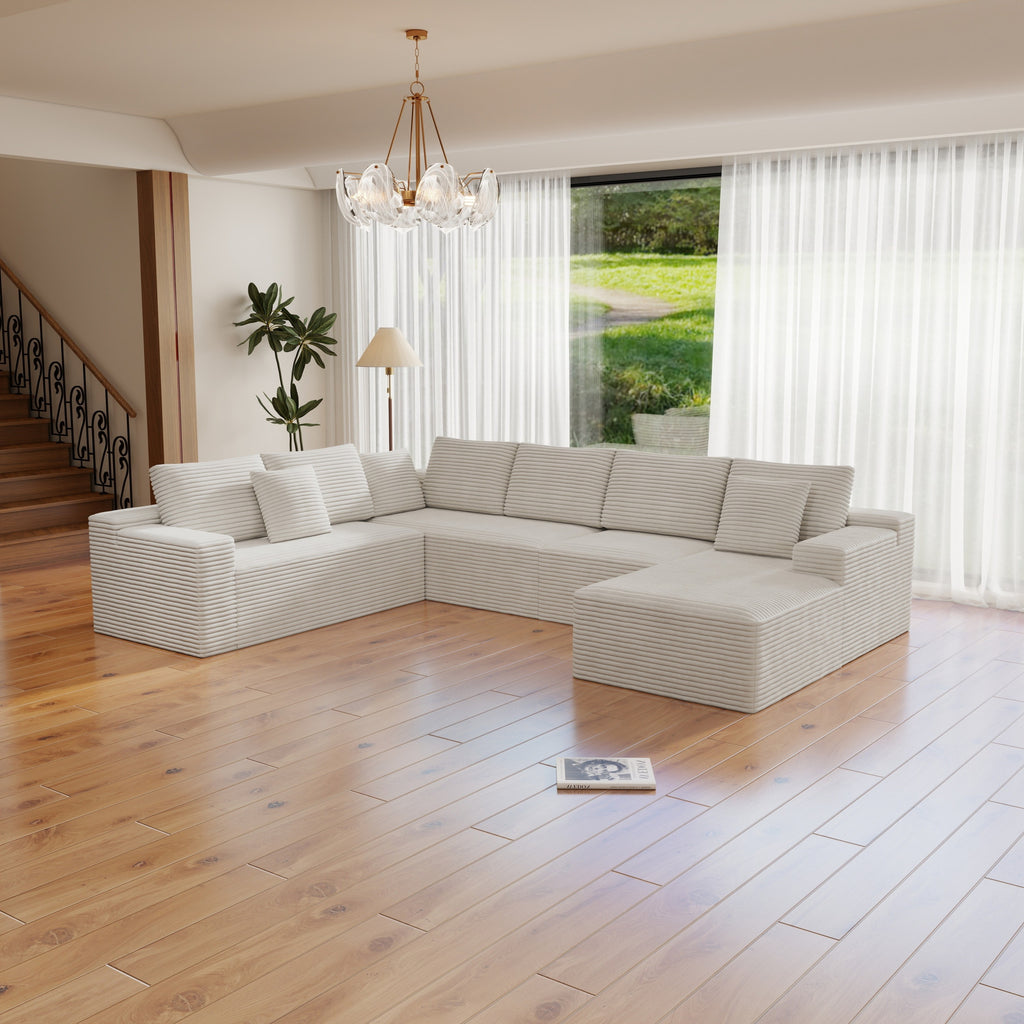 131.9*104.3'Modular sectional sofa seat,Upholstered compressed couch for living room,Bedroom,Apartment,No assembly required,4 PC free combination,Plush corduroy fabric,WHITE