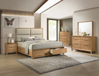 Complete bedroom set featuring King Storage Platform Bed with Upholstered Headboard, matching dresser, mirror, and nightstands in wood finish.