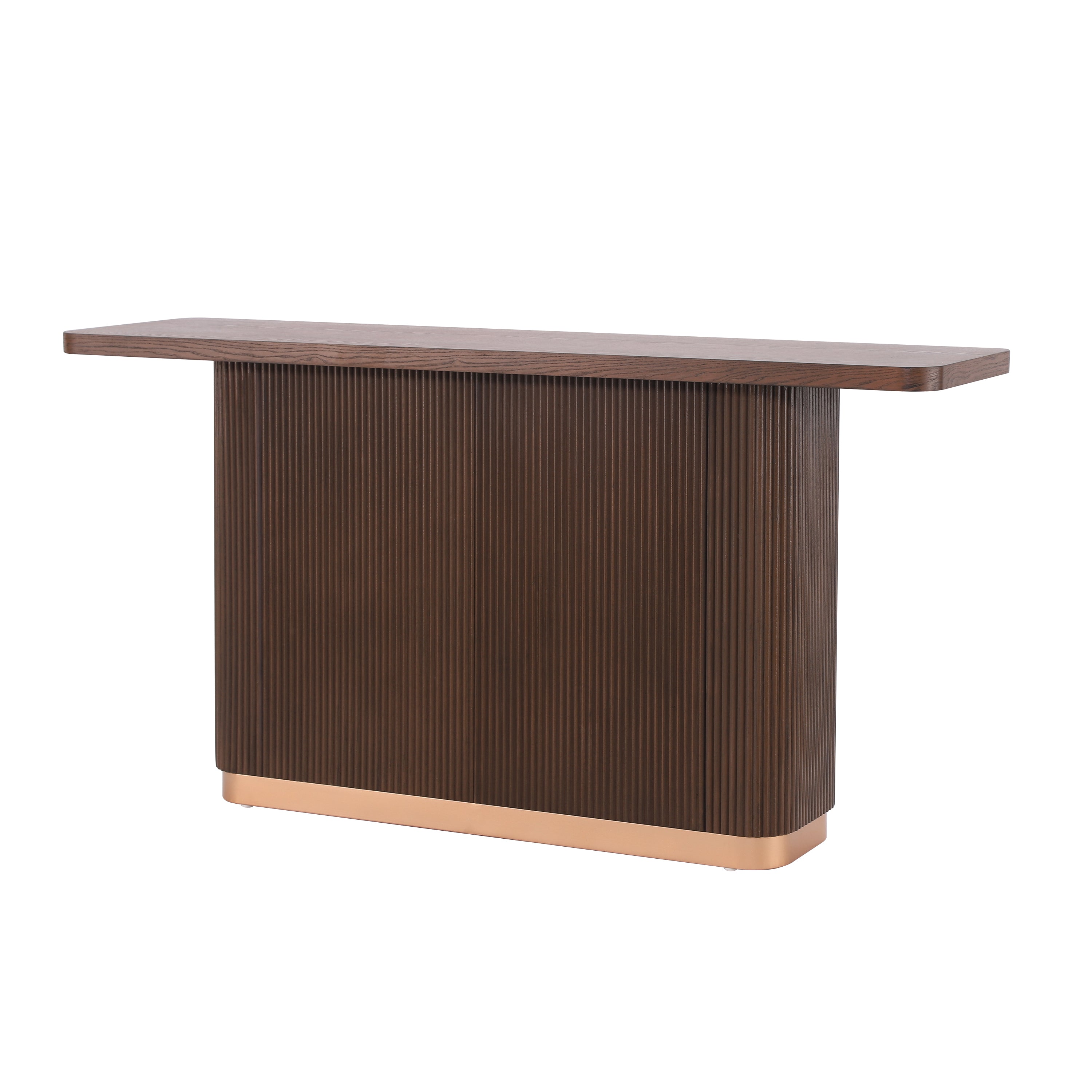 Modern console table with ash veneer top and ribbed wood base. Copper metal accent adds a stylish touch to minimalist design.
