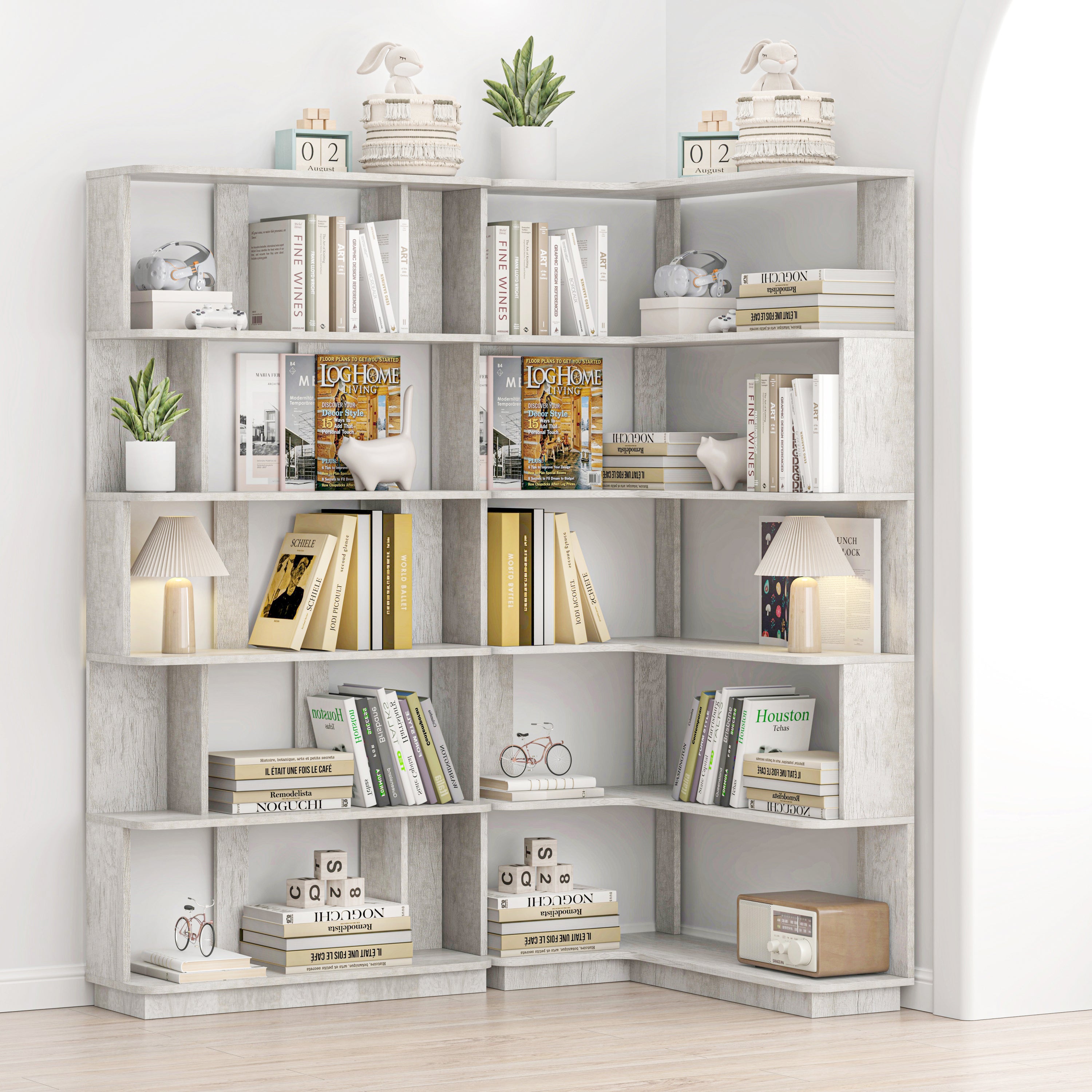 Light Grey Space Saving Corner Bookshelf and Display Set