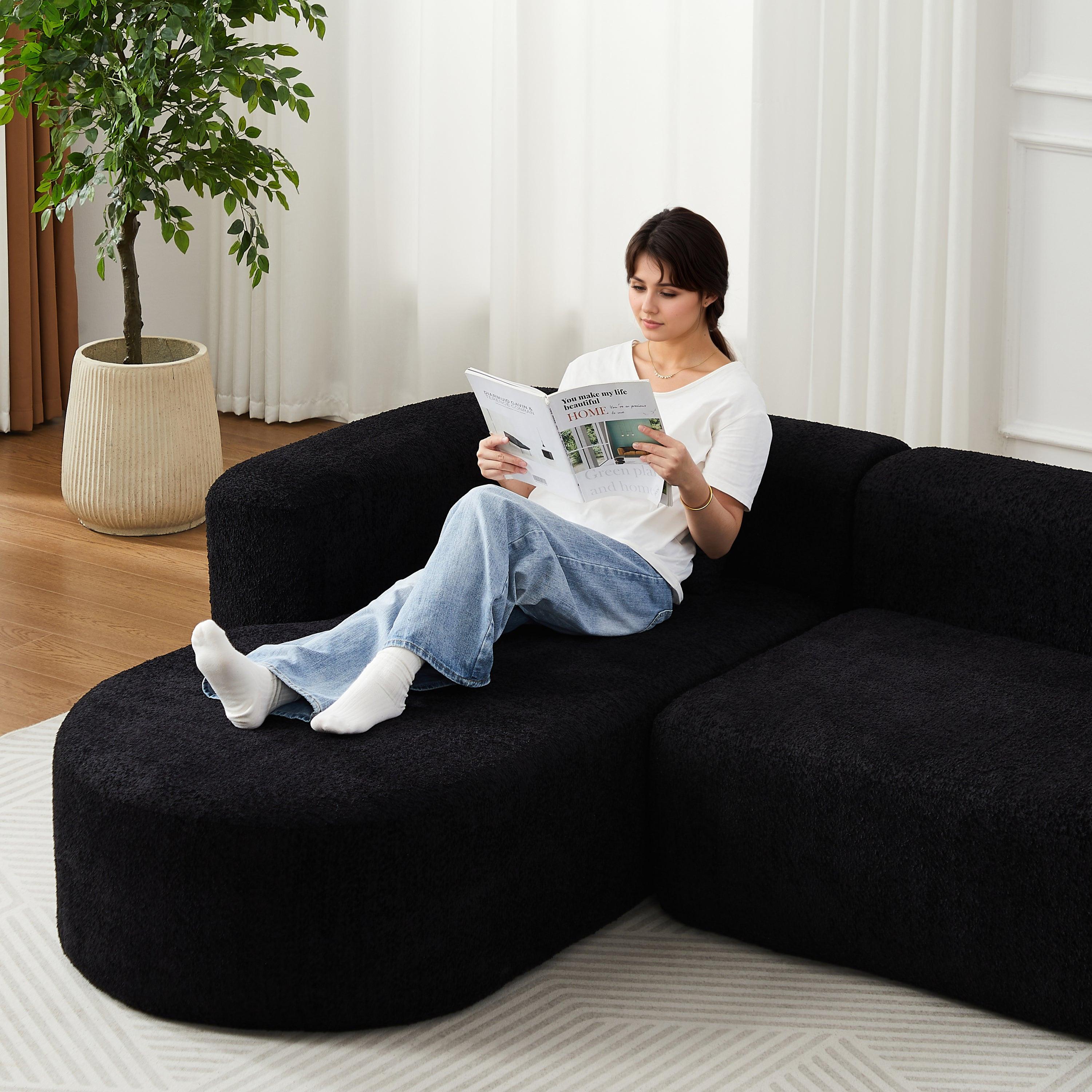 Modular Sectional Sofa with Curved Back & Chenille Fabric.