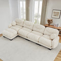 Beige 4-seater modular L-shaped sectional in pleated chenille fabric with curved arms, an ottoman, and two round pillows.