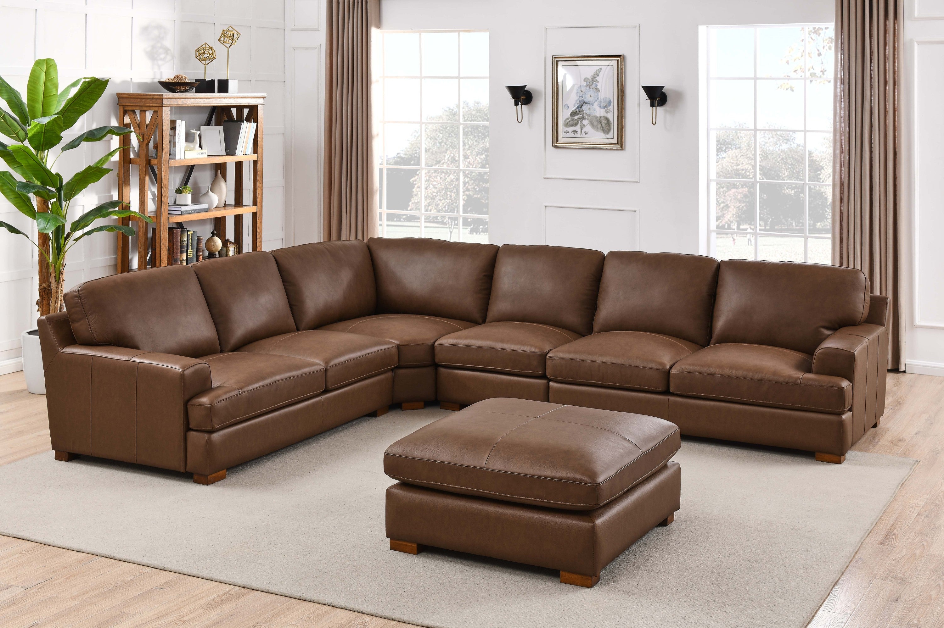 Leather Match Sectional Sofa - Modular Design with 6 Seats shown in a bright living room, featuring top-grain leather and wooden legs.
