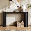 Mirod Console Table - Vintage with Curved Legs in black finish, styled in an entryway with decor and wicker basket storage.