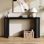 Mirod Console Table - Vintage with Curved Legs in black finish, styled in an entryway with decor and wicker basket storage.