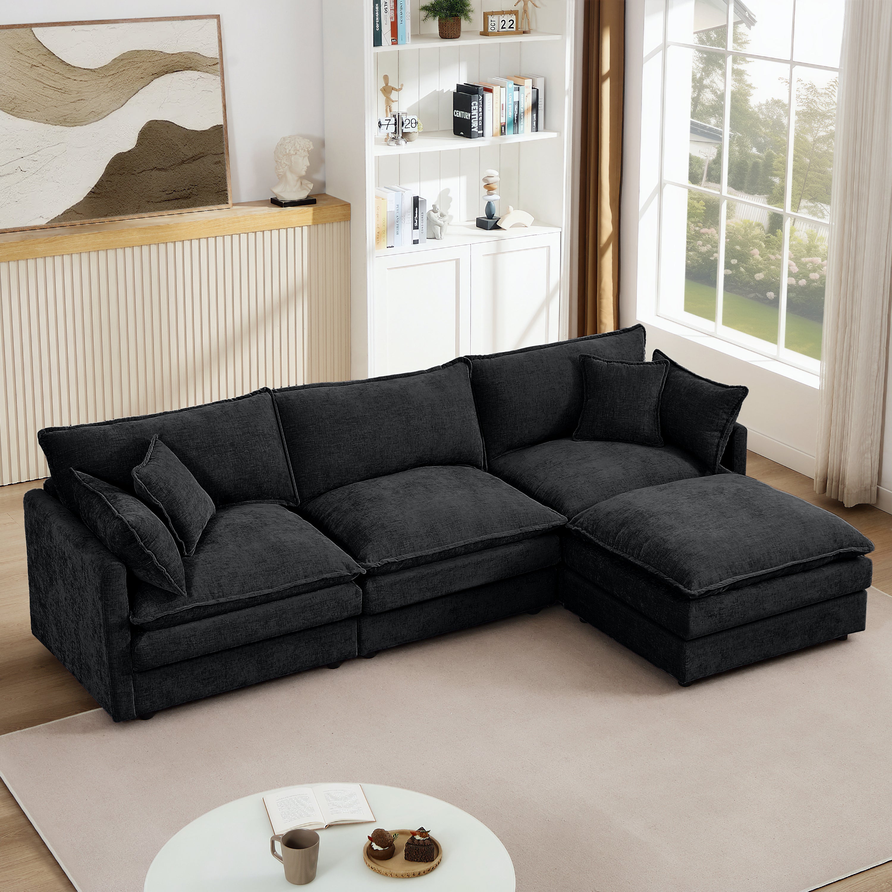 Modular 102-Inch L-Shaped Chenille Sectional Sofa with Movable Ottoman