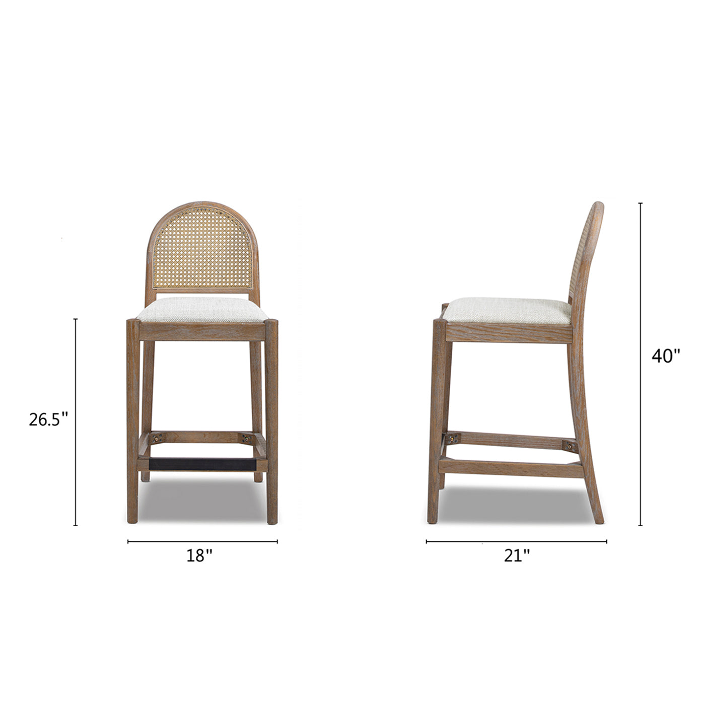 Dimensions of Panama 26.5' Rattan Counter Stool Set in two-tone gray, showing 40'' height, 21'' depth, and 18'' width for perfect bar counter fit.