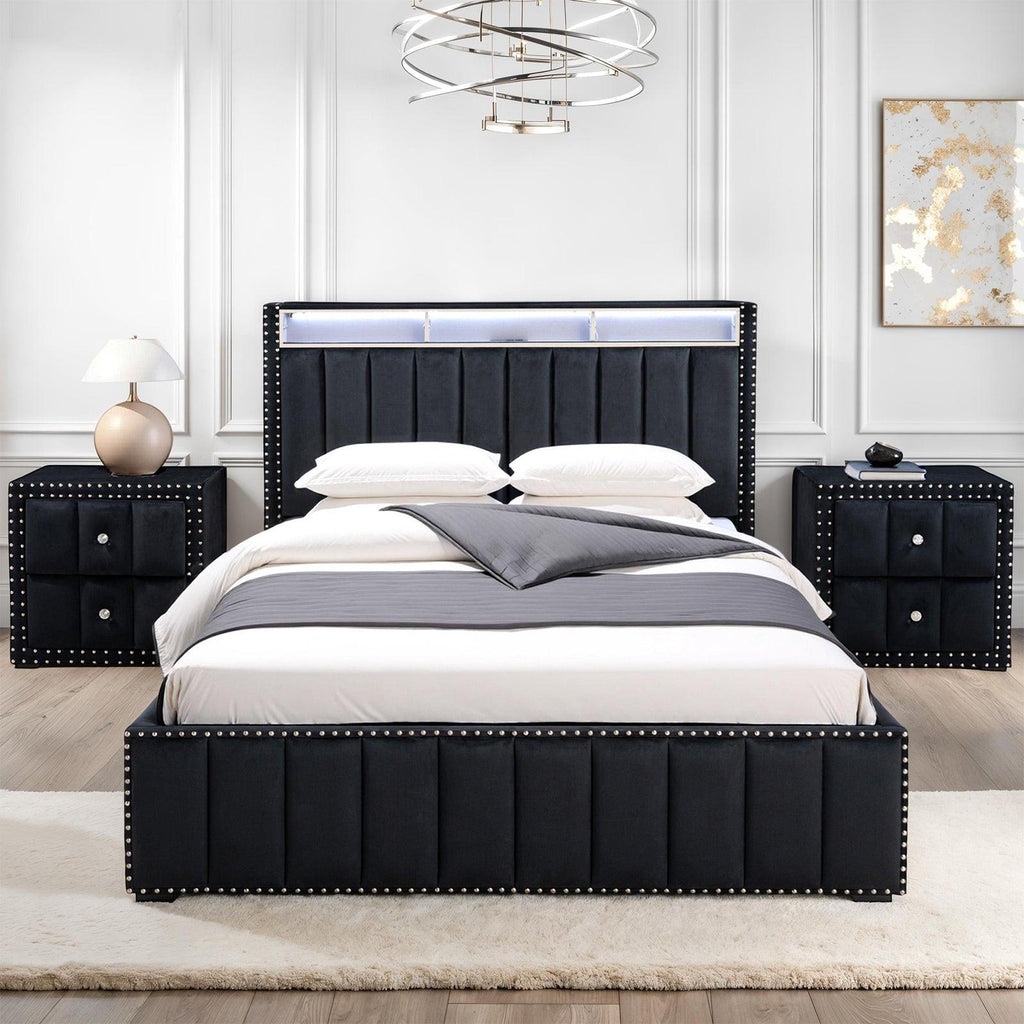 Luxury Queen Size Bed And 2 Nightstands Furniture Set.