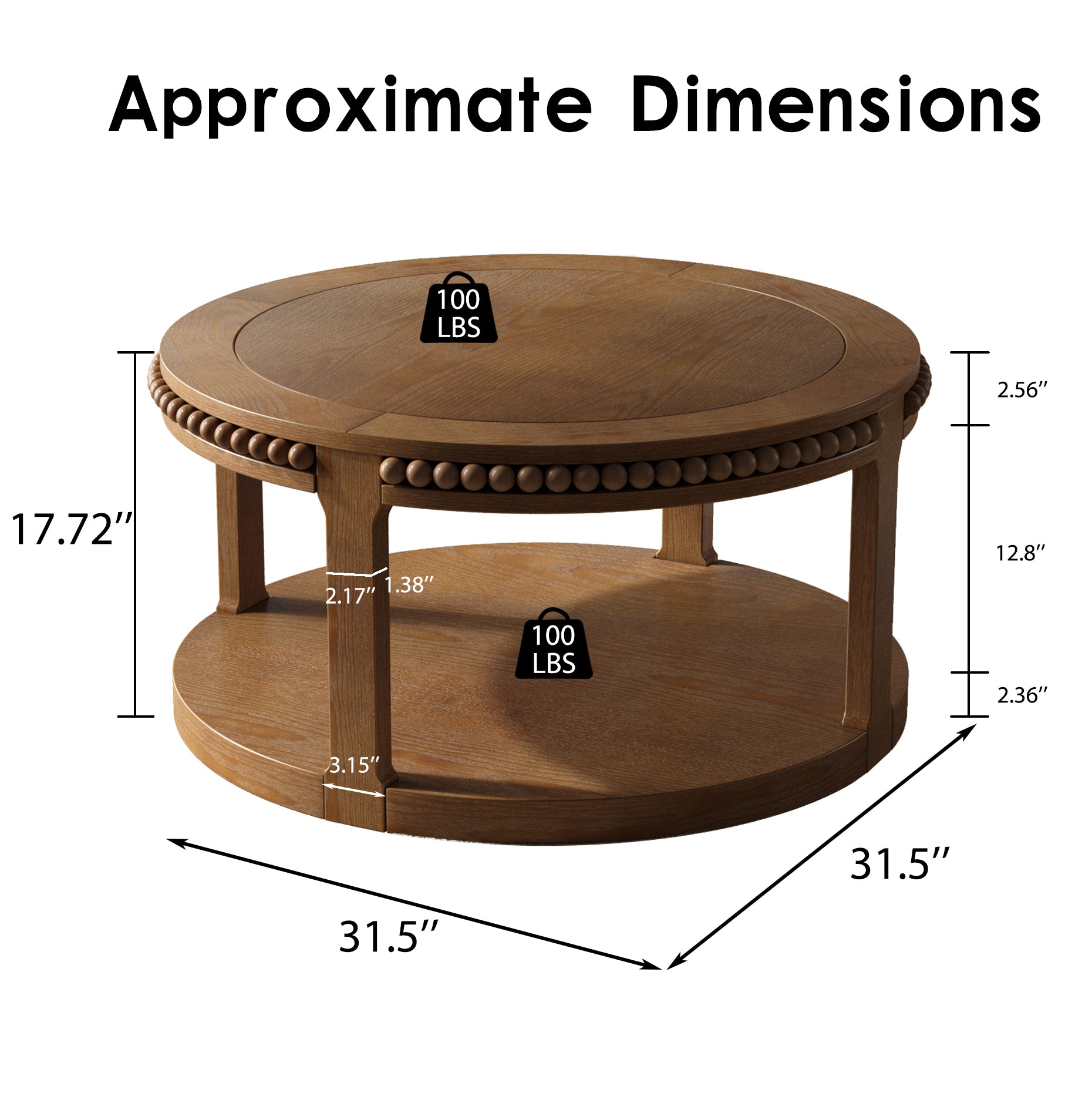 31.5 Inch Round Solid Wood Coffee Table & Sofa Table - Two-Tier Thickened Top, Sturdy Legs, Circle Table for Living Room (Walnut)