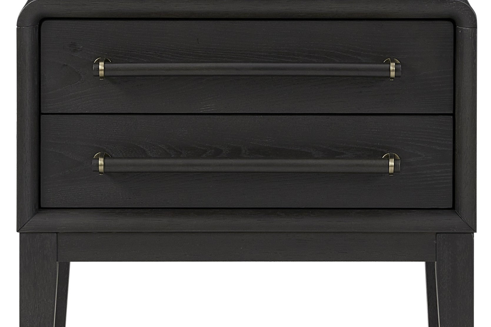 Close-up of small nightstand in peppercorn black wood finish showing detailed drawer handles and wood grain texture.