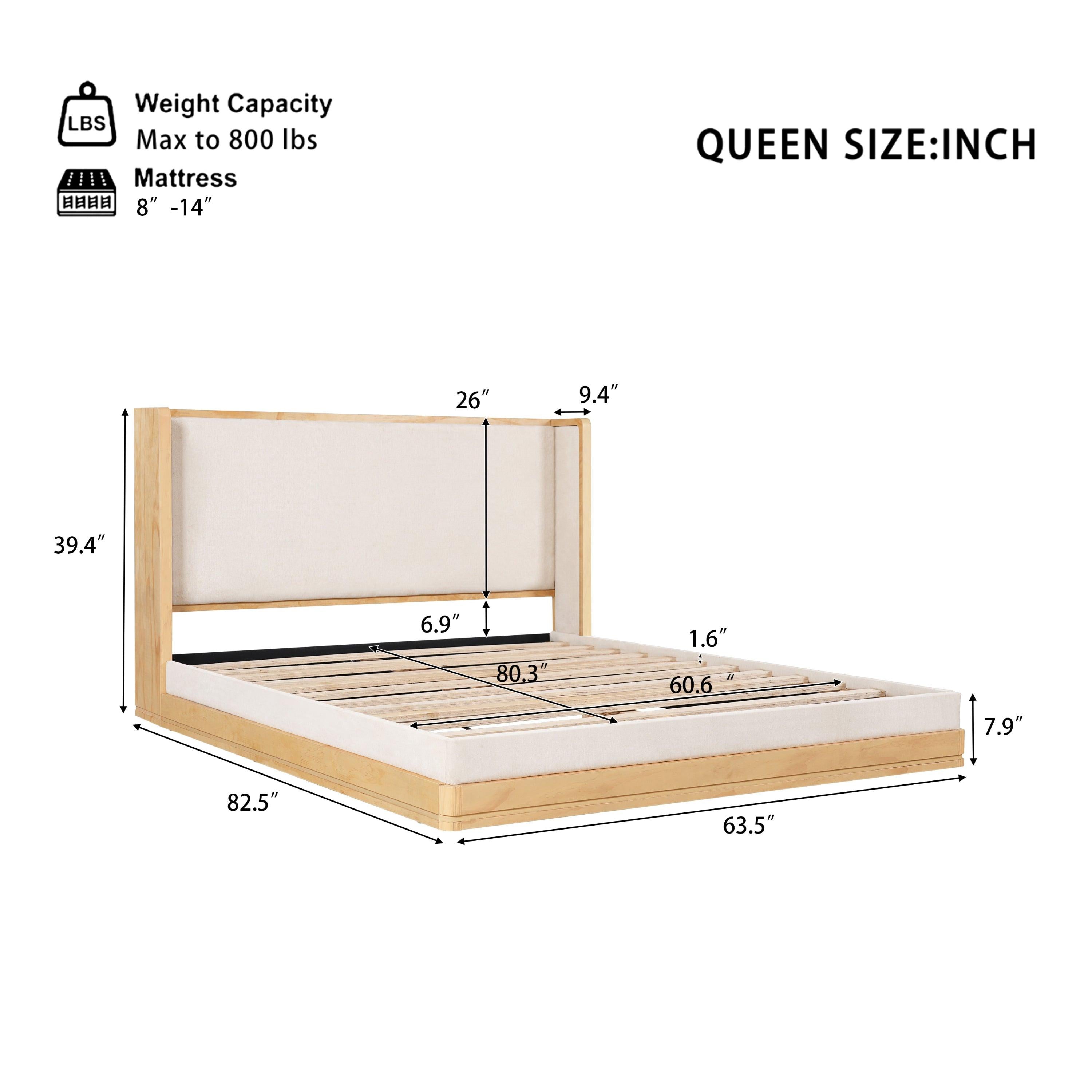 Mid-Century Modern Beige Upholstered Platform Bed.