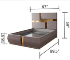 Lorenzo Queen Bed dimensions shown with gray wood frame and gold-accented headboard, ideal for stylish bedroom interiors.