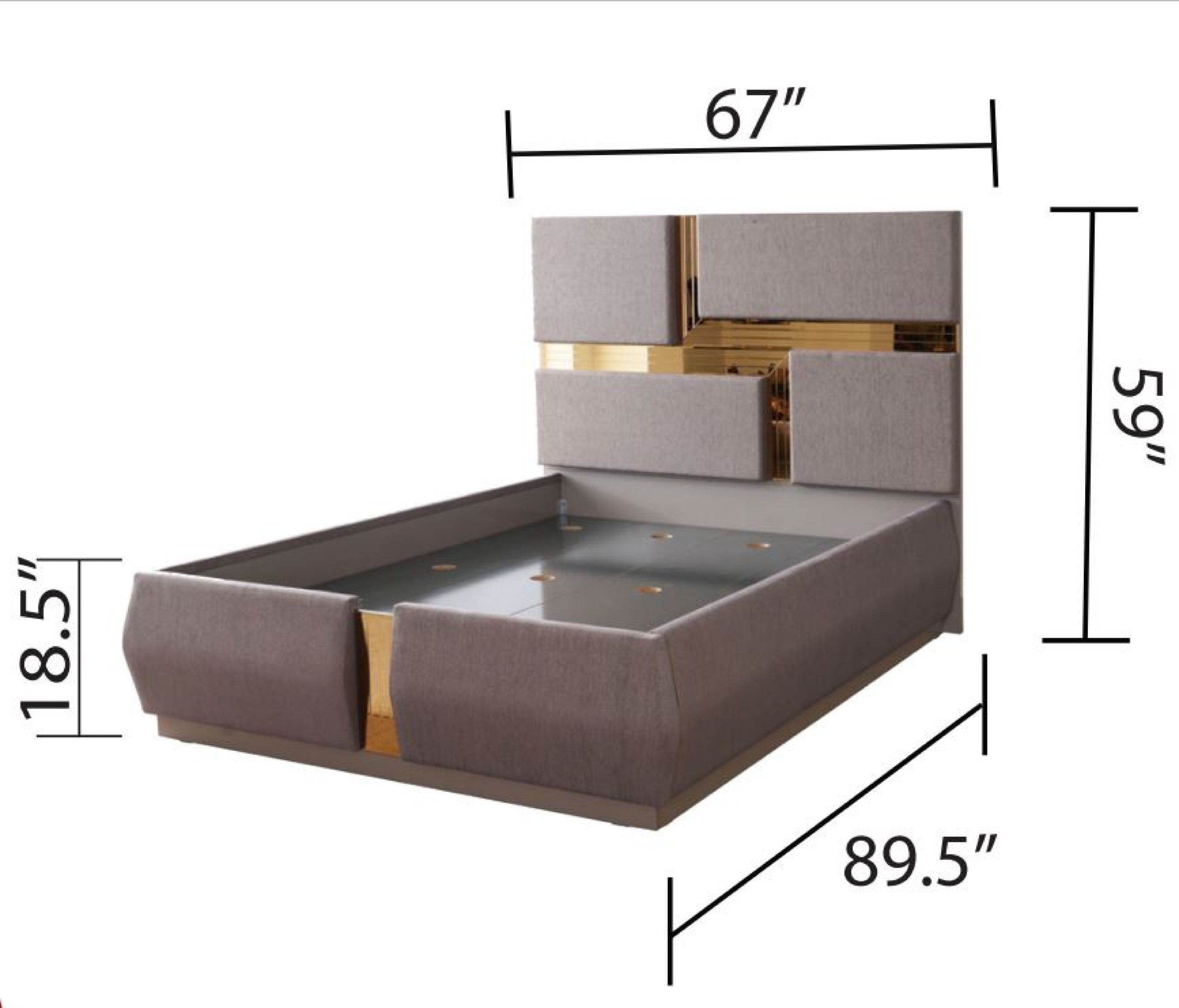 Lorenzo Queen Bed dimensions shown with gray wood frame and gold-accented headboard, ideal for stylish bedroom interiors.