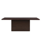 Front view of 84-inch dining table in espresso finish featuring a bold, ribbed pedestal base, perfect for contemporary dining spaces.