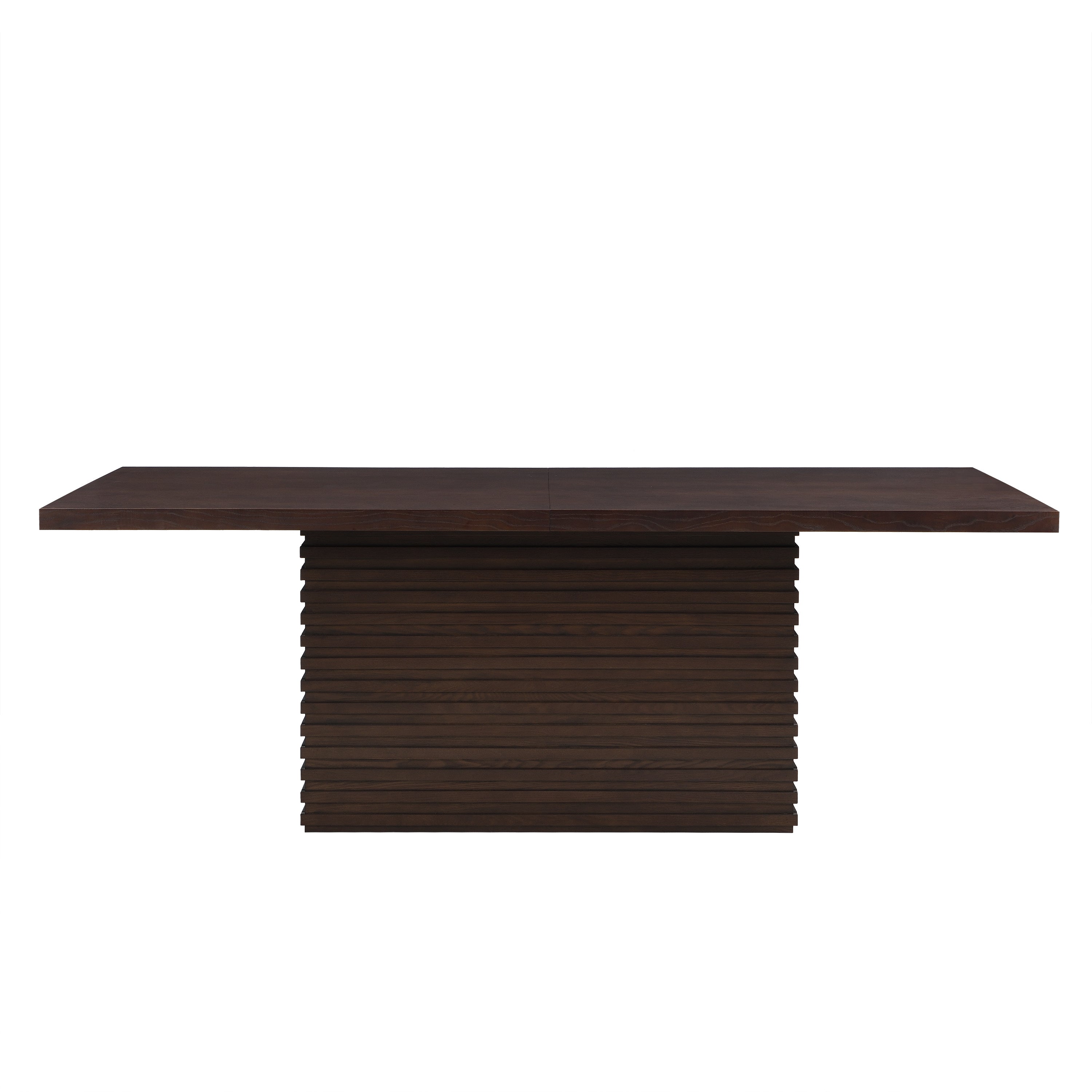 Front view of 84-inch dining table in espresso finish featuring a bold, ribbed pedestal base, perfect for contemporary dining spaces.