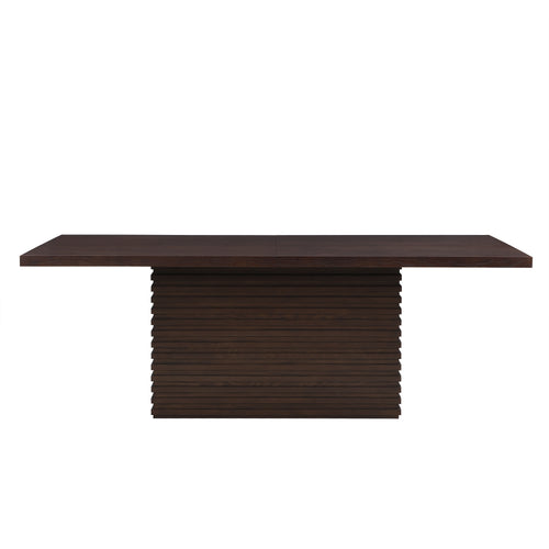 Front view of 84-inch dining table in espresso finish featuring a bold, ribbed pedestal base, perfect for contemporary dining spaces.