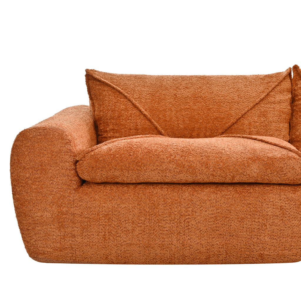 Single seat module of 116'' compressed sofa no assembly with plush backrest and wide armrest in textured orange chenille.