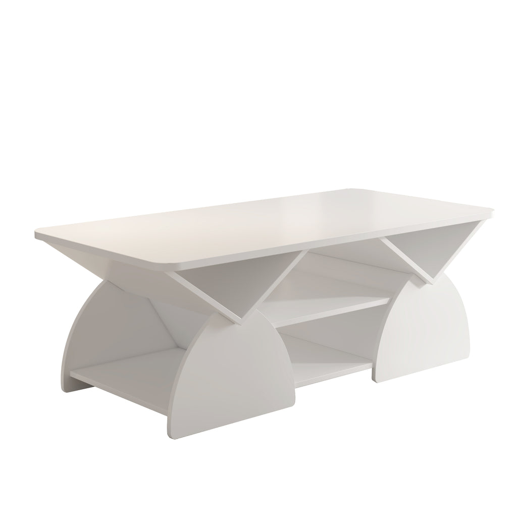 Engineered wood coffee table with storage in modern white finish, featuring geometric side panels and six open compartments for living rooms.