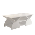 Engineered wood coffee table with storage in modern white finish, featuring geometric side panels and six open compartments for living rooms.