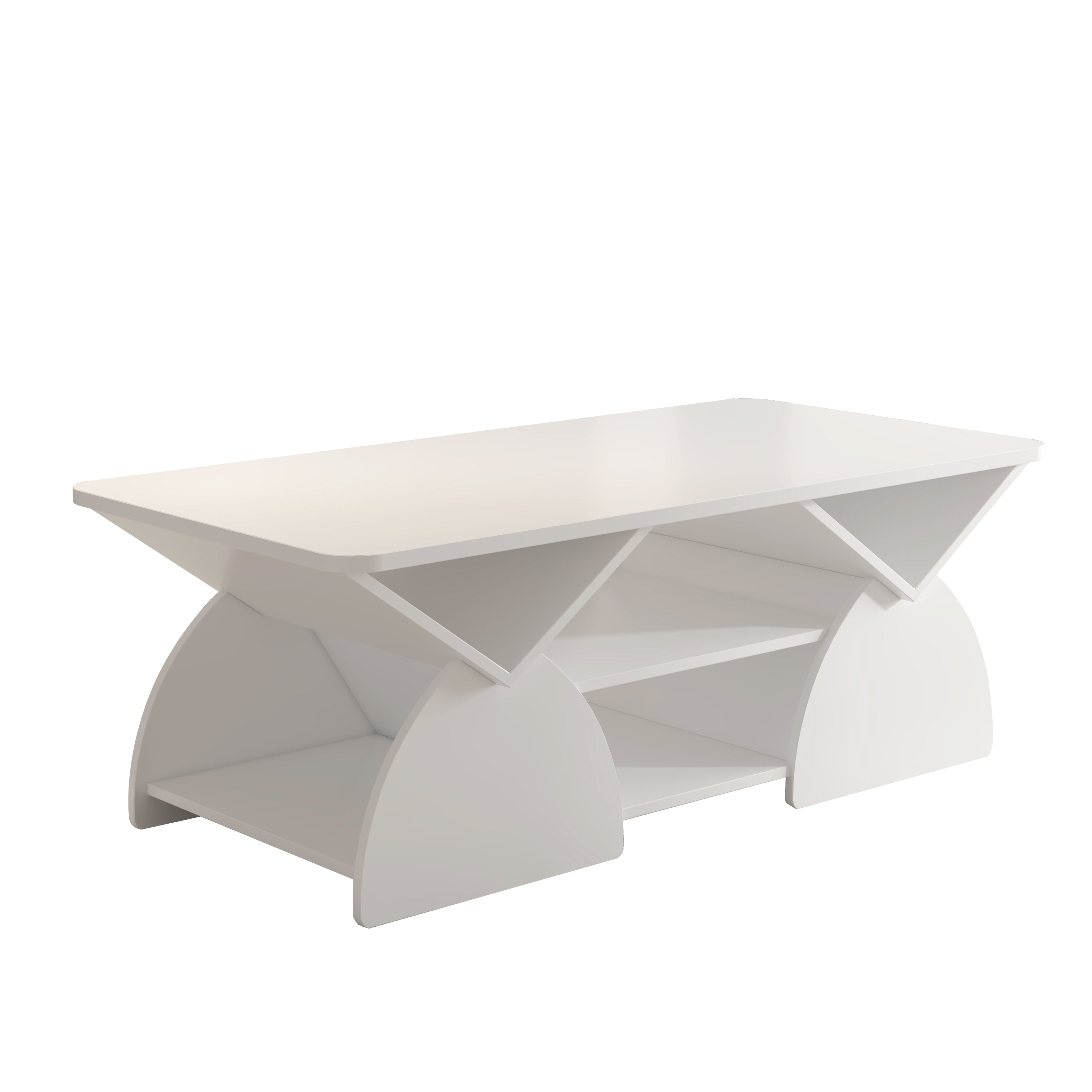 Engineered wood coffee table with storage in modern white finish, featuring geometric side panels and six open compartments for living rooms.